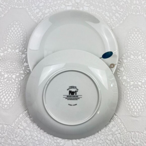 Pier 1 Beaded Garland Salad Dessert Plates Set of 4 Porcelain White Blue - Picture 6 of 9